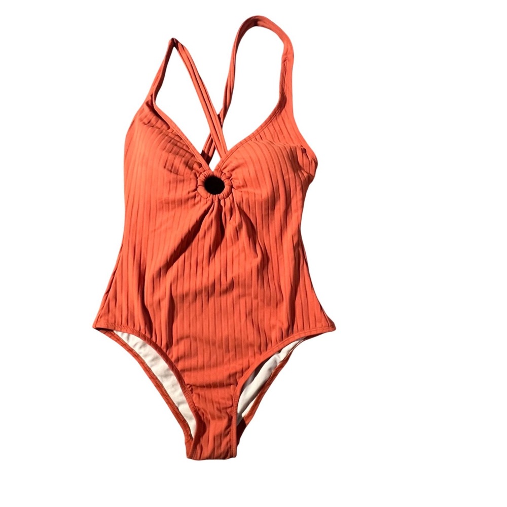 Kona Sol One Piece Swimsuit Women Medium Orange Ribbed O-Ring Keyhole Cutout NWT